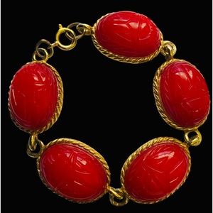 Vintage Red‎ Czech Glass Egyptian Scarab bracelet beetle MCM costume jewelry